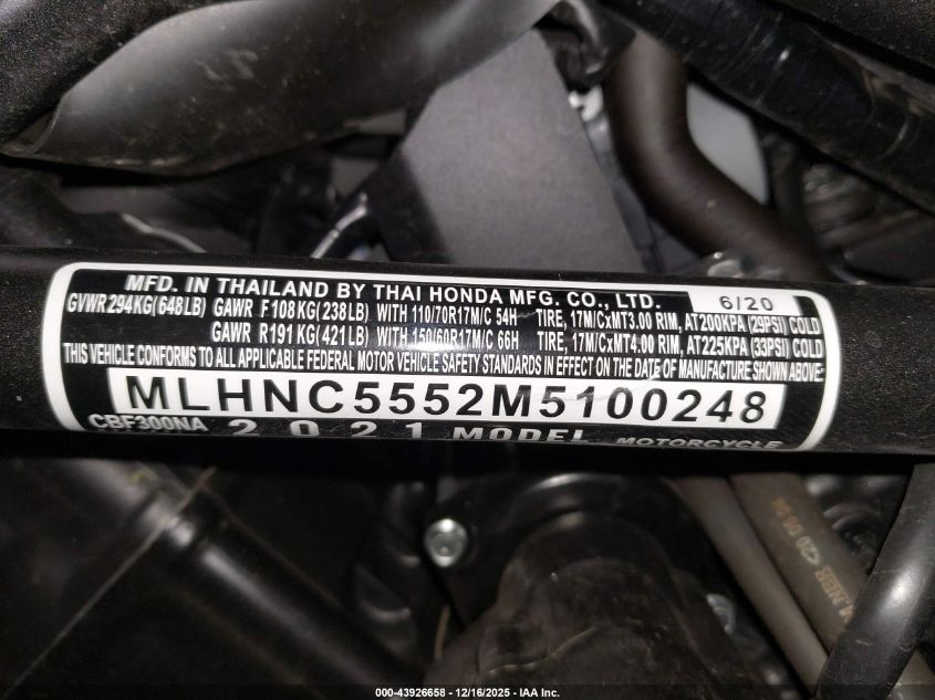 2021 Honda Cbf300 Na VIN: MLHNC5552M5100248 Lot: 43926658