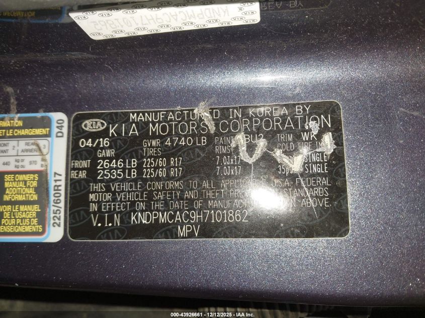 2017 Kia Sportage Lx VIN: KNDPMCAC9H7101862 Lot: 43926661