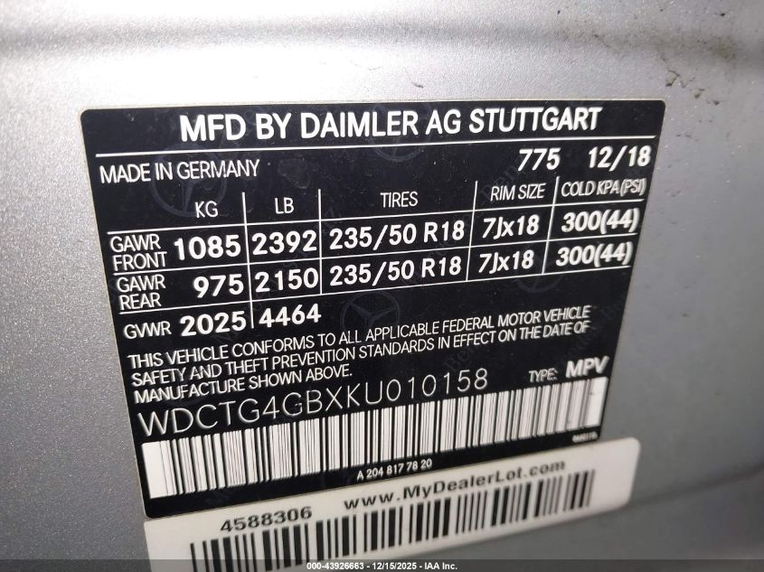 2019 Mercedes-Benz Gla 250 4Matic VIN: WDCTG4GBXKU010158 Lot: 43926663