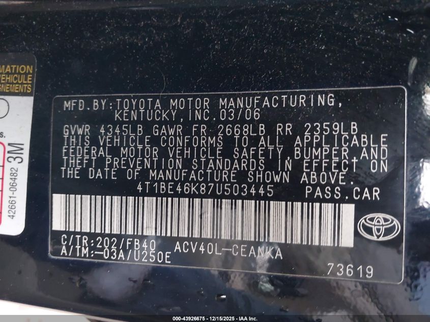 2007 Toyota Camry Le VIN: 4T1BE46K87U503445 Lot: 43926675