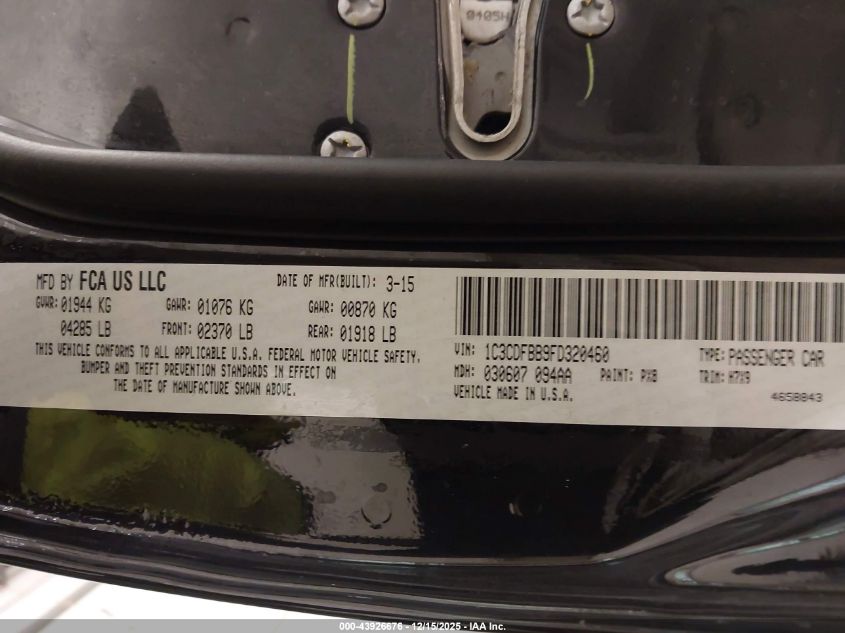 2015 Dodge Dart Sxt VIN: 1C3CDFBB9FD320460 Lot: 43926676