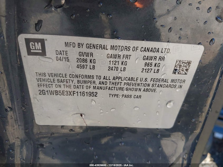 2G1WB5E3XF1161952 2015 CHEVROLET IMPALA photo no. 9
