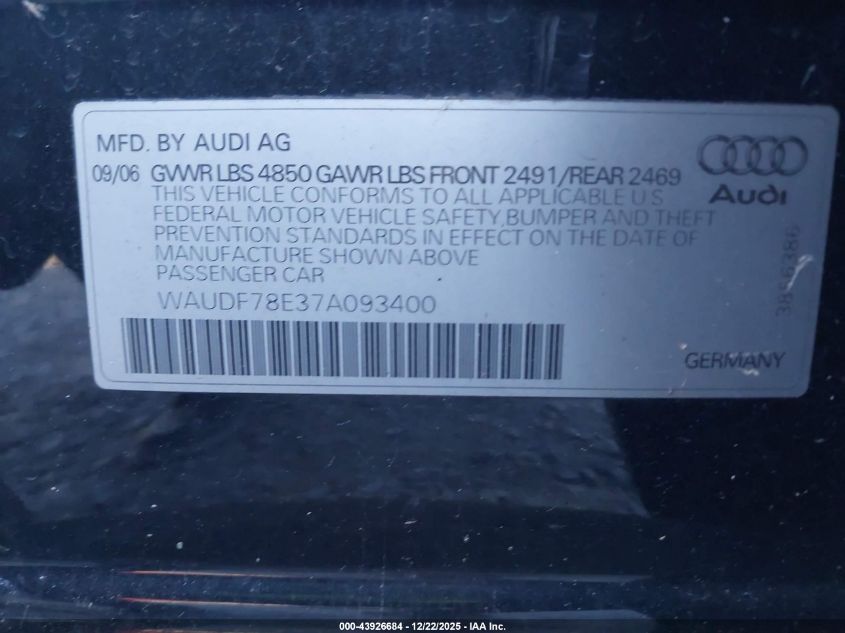 2007 Audi A4 2.0T VIN: WAUDF78E37A093400 Lot: 43926684