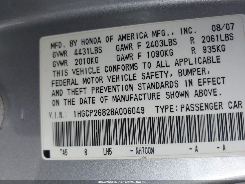 2008 Honda Accord 2.4 Ex-L VIN: 1HGCP26828A006049 Lot: 43926685