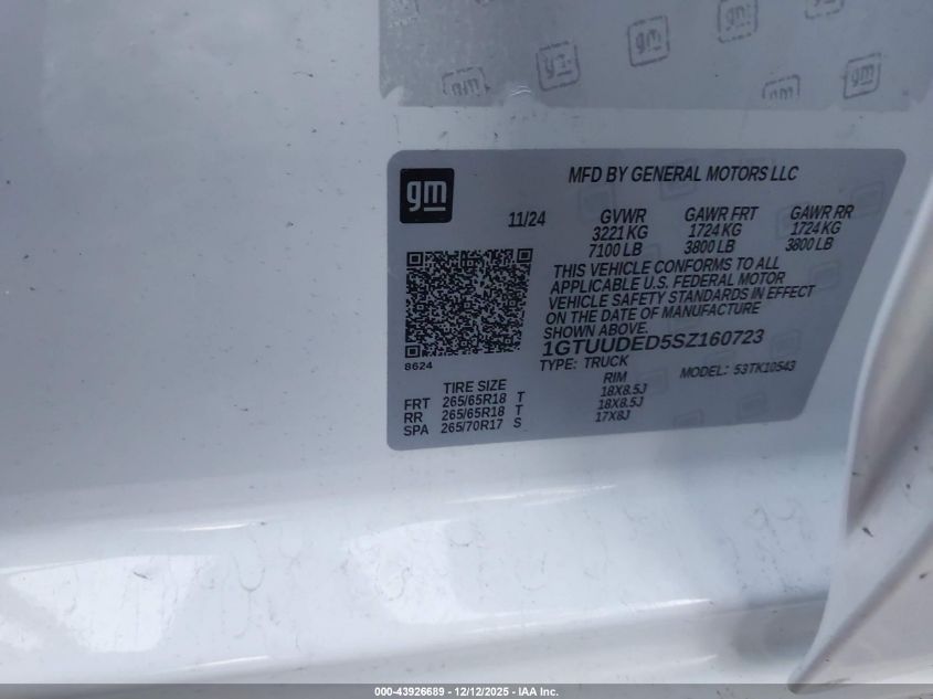2025 GMC Sierra 1500 VIN: 1GTUUDED5SZ160723 Lot: 43926689