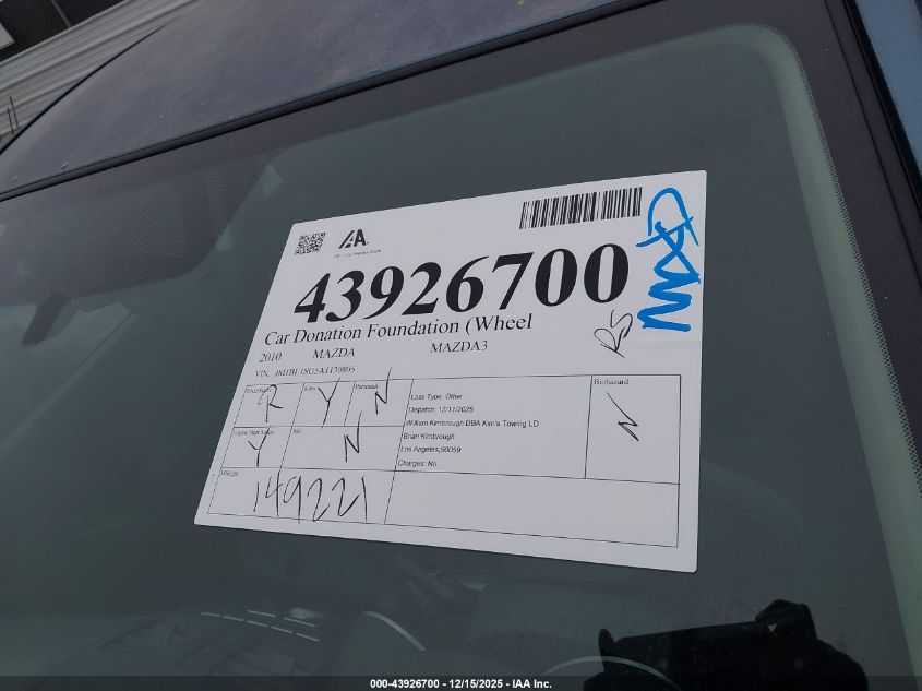 2010 Mazda Mazda3 I Sport VIN: JM1BL1SG5A1130805 Lot: 43926700