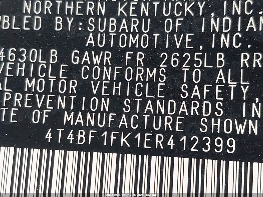 2014 Toyota Camry Xle VIN: 4T4BF1FK1ER412399 Lot: 43926701