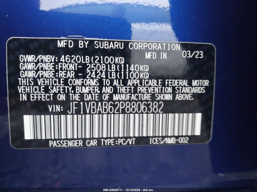 2023 Subaru Wrx VIN: JF1VBAB62P8806382 Lot: 43926711