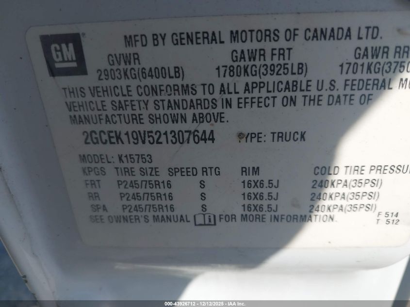 2002 Chevrolet Silverado 1500 Ls VIN: 2GCEK19V521307644 Lot: 43926712