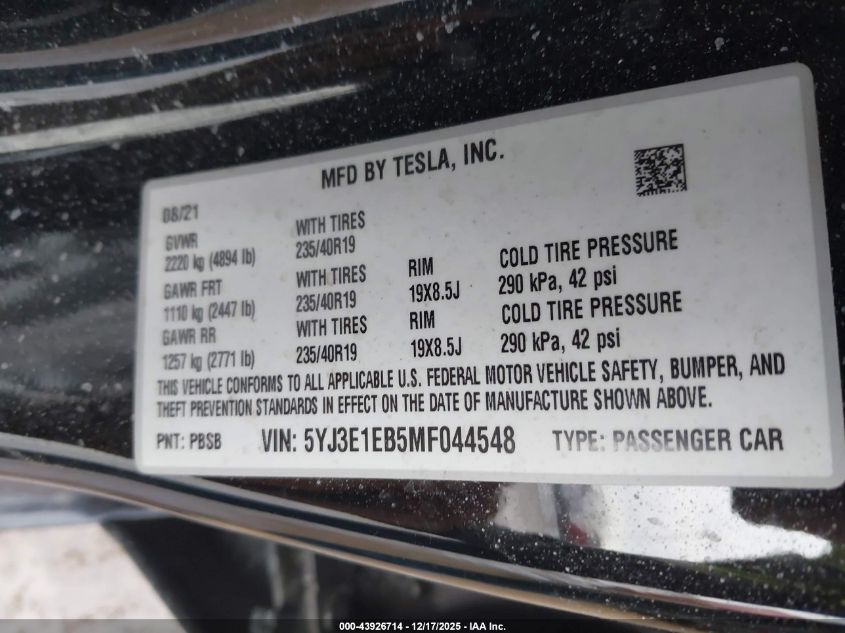2021 Tesla Model 3 Long Range Dual Motor All-Wheel Drive VIN: 5YJ3E1EB5MF044548 Lot: 43926714