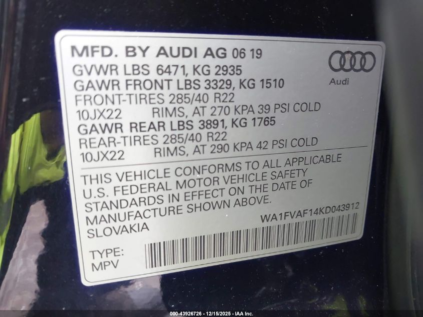 2019 Audi Q8 55 Premium VIN: WA1FVAF14KD043912 Lot: 43926726