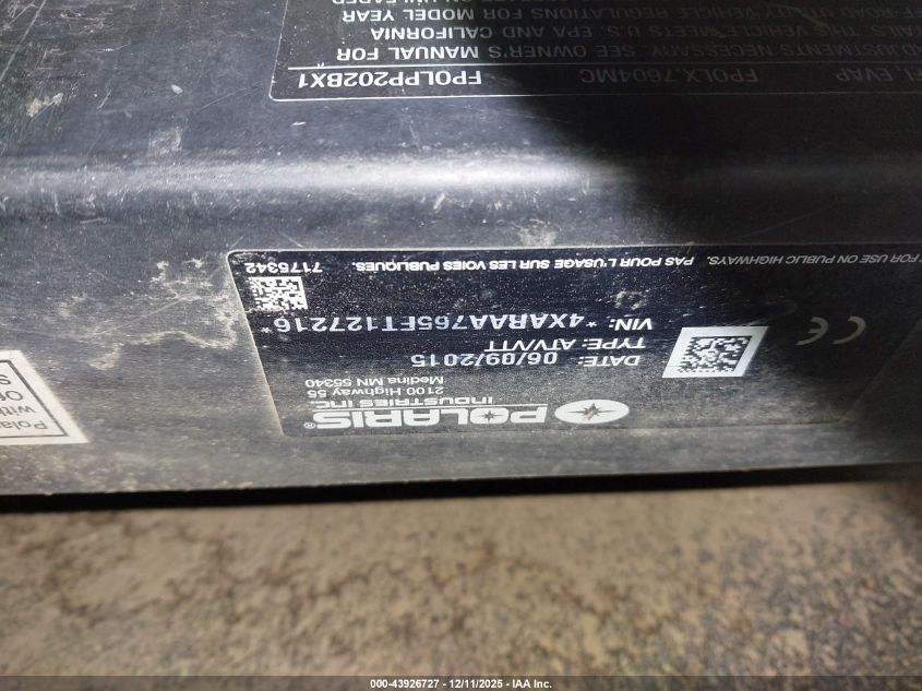 2015 Polaris Ranger 6X6 VIN: 4XARAA765FT127216 Lot: 43926727