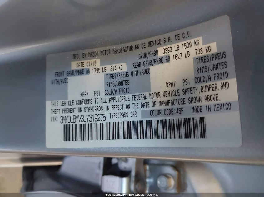 2018 Toyota Yaris Ia VIN: 3MYDLBYV3JY319275 Lot: 43926731