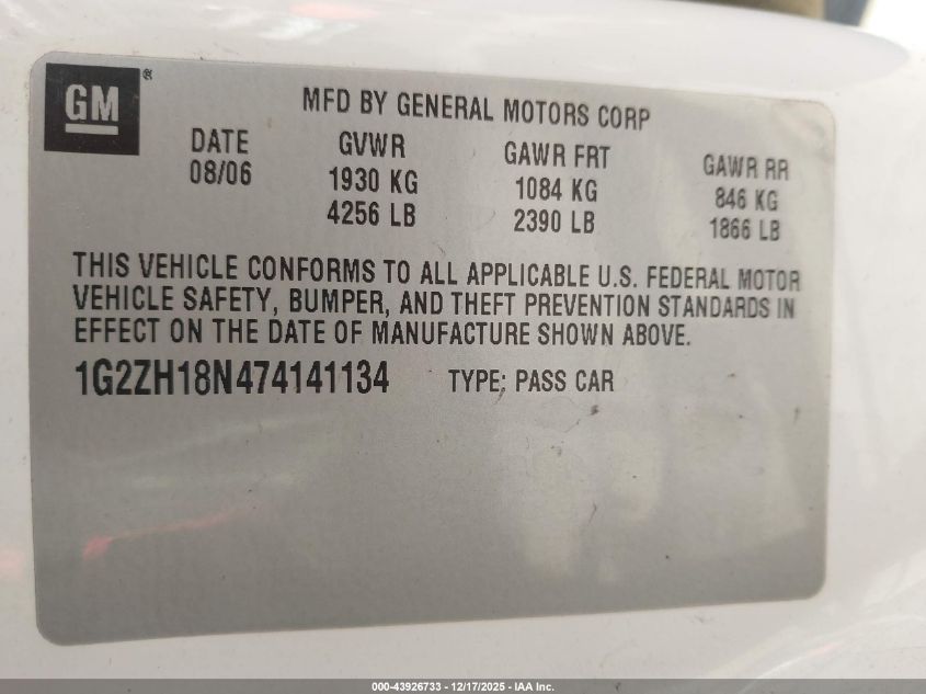 2007 Pontiac G6 Gt VIN: 1G2ZH18N474141134 Lot: 43926733