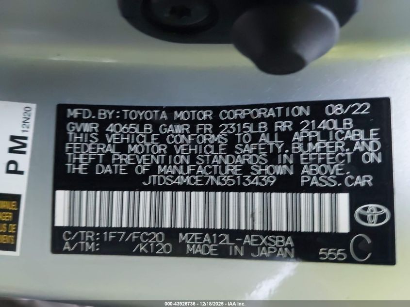 2022 Toyota Corolla Se VIN: JTDS4MCE7N3513439 Lot: 43926736
