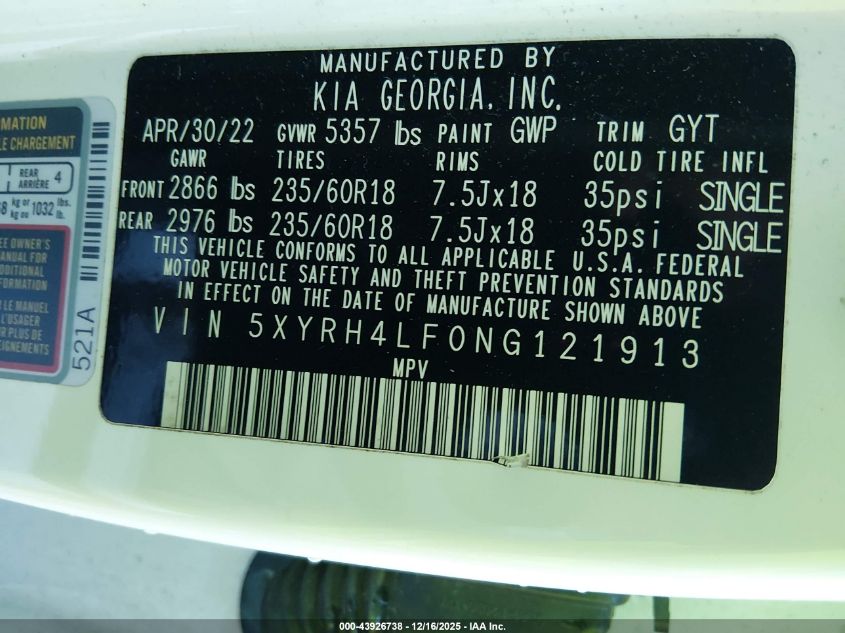 2022 Kia Sorento Ex VIN: 5XYRH4LF0NG121913 Lot: 43926738