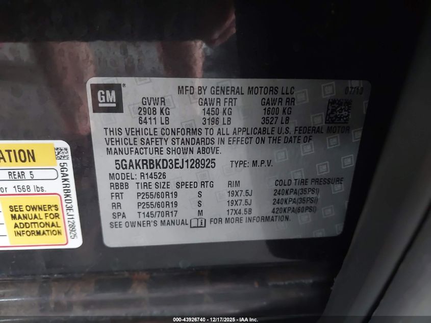 2014 Buick Enclave Leather VIN: 5GAKRBKD3EJ128925 Lot: 43926740