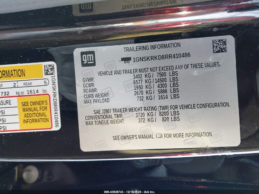 2024 Chevrolet Tahoe 4Wd Rst VIN: 1GNSKRKD8RR410486 Lot: 43926743