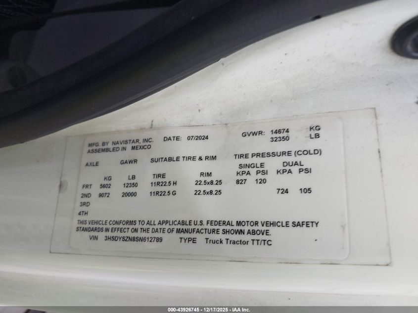 2025 International Lt VIN: 3HSDYSZN8SN612789 Lot: 43926745