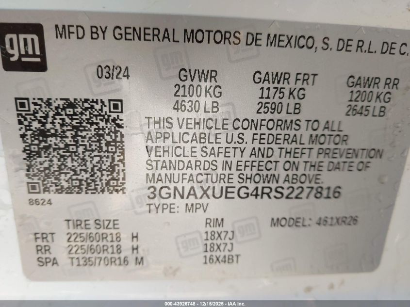 2024 Chevrolet Equinox Awd Lt VIN: 3GNAXUEG4RS227816 Lot: 43926748