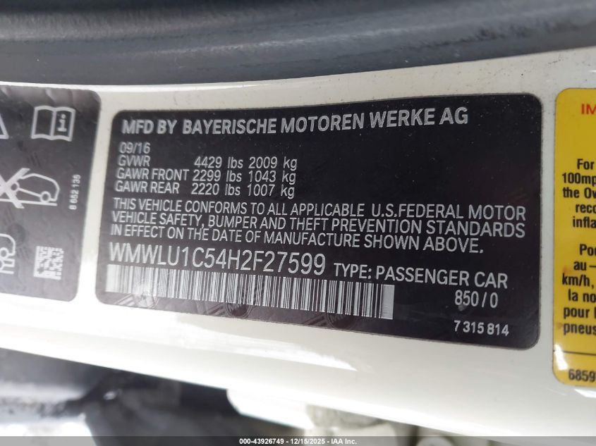 2017 Mini Clubman Cooper VIN: WMWLU1C54H2F27599 Lot: 43926749