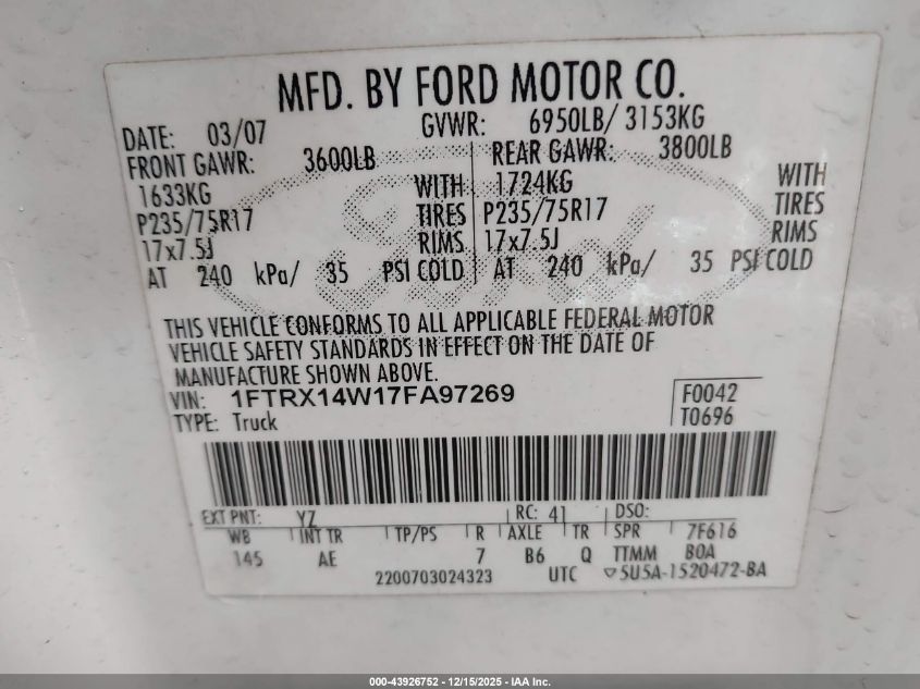 2007 Ford F-150 Fx4/Stx/Xl/Xlt VIN: 1FTRX14W17FA97269 Lot: 43926752