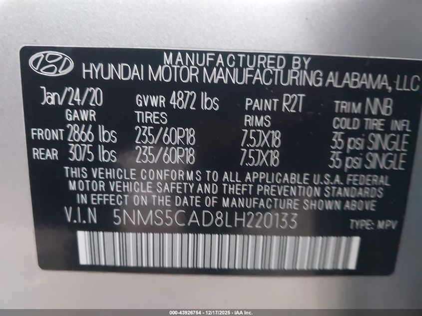 2020 Hyundai Santa Fe Limited VIN: 5NMS5CAD8LH220133 Lot: 43926754