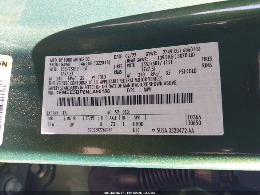 2022 Ford Bronco Big Bend VIN: 1FMEE5BP8NLA90188 Lot: 43926757