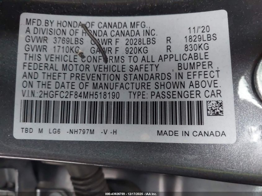 2021 Honda Civic Sport VIN: 2HGFC2F84MH518190 Lot: 43926759