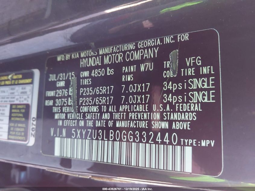 2016 Hyundai Santa Fe Sport 2.4L VIN: 5XYZU3LB0GG332440 Lot: 43926761