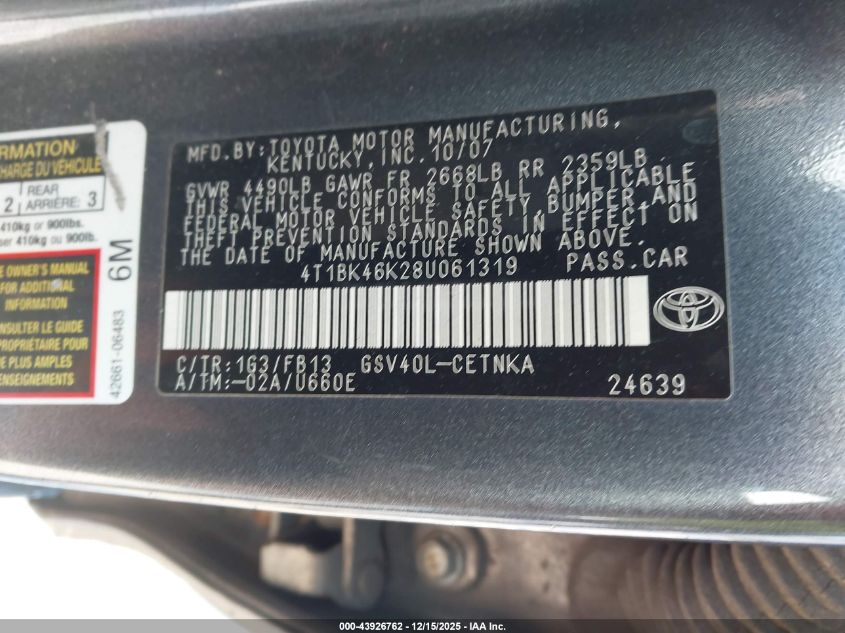 2008 Toyota Camry Le V6 VIN: 4T1BK46K28U061319 Lot: 43926762