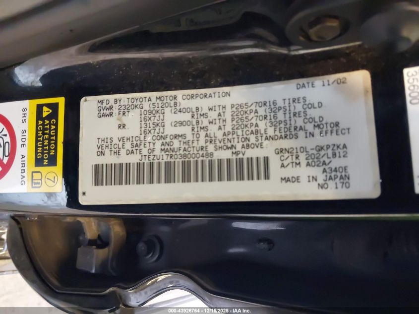 2003 Toyota 4Runner Limited V6 VIN: JTEZU17R038000488 Lot: 43926764