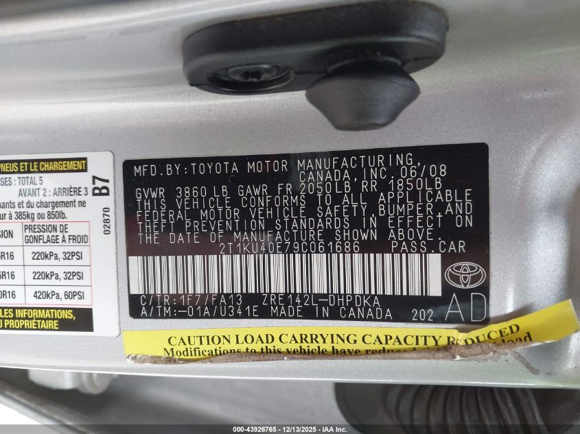 2009 Toyota Matrix VIN: 2T1KU40E79C061686 Lot: 43926765