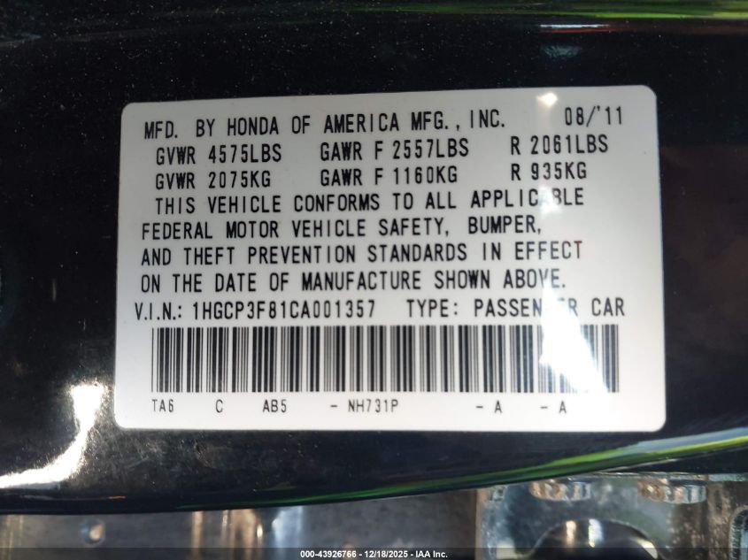 2012 Honda Accord 3.5 Ex-L VIN: 1HGCP3F81CA001357 Lot: 43926766