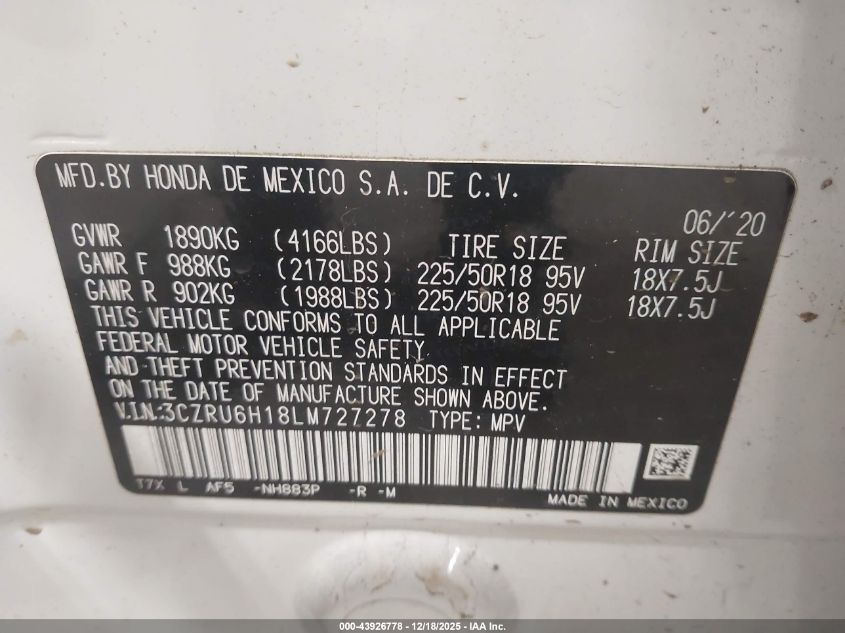2020 Honda Hr-V Awd Sport VIN: 3CZRU6H18LM727278 Lot: 43926778