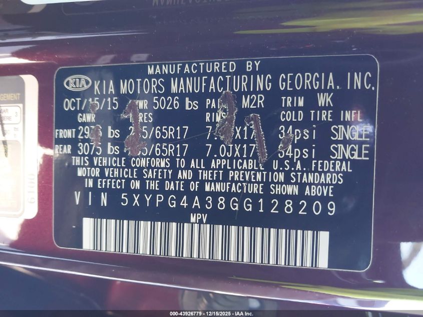 2016 Kia Sorento 2.4L Lx VIN: 5XYPG4A38GG128209 Lot: 43926779