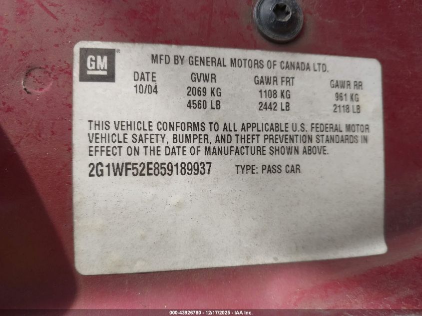 2005 Chevrolet Impala VIN: 2G1WF52E859189937 Lot: 43926780