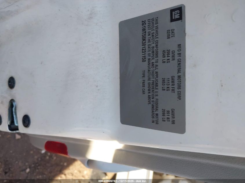 2008 Chevrolet Impala Lt VIN: 2G1WT58K381231150 Lot: 43926782