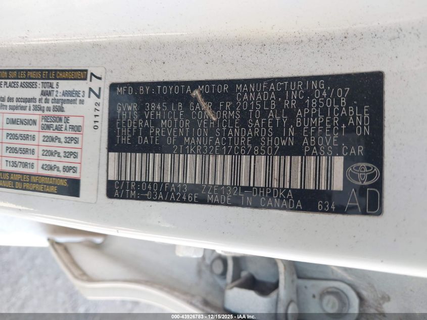 2007 Toyota Matrix VIN: 2T1KR32E17C678507 Lot: 43926783