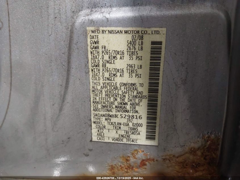 2008 Nissan Xterra S VIN: 5N1AN08WX8C529816 Lot: 43926788
