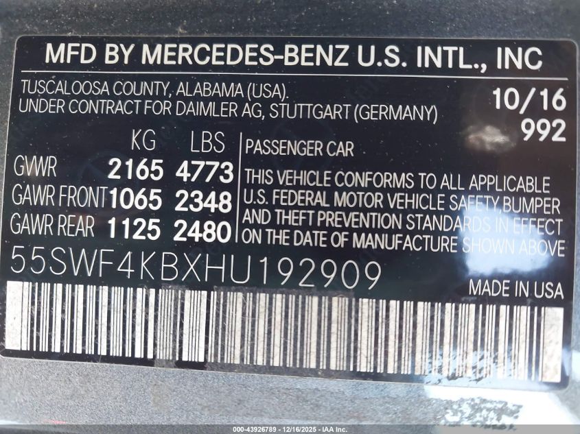 2017 Mercedes-Benz C 300 4Matic VIN: 55SWF4KBXHU192909 Lot: 43926789