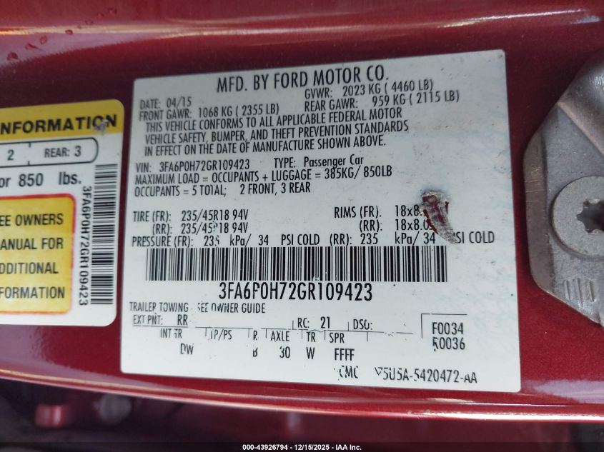 2016 Ford Fusion Se VIN: 3FA6P0H72GR109423 Lot: 43926794