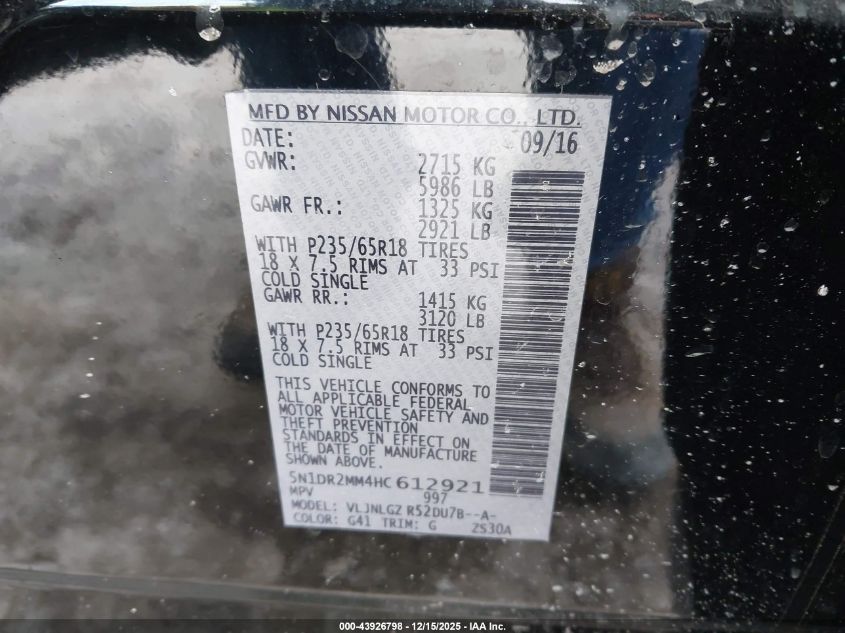 2017 Nissan Pathfinder Sl VIN: 5N1DR2MM4HC612921 Lot: 43926798