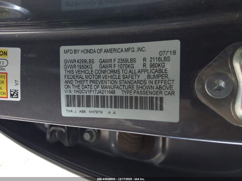 2018 Honda Accord Lx VIN: 1HGCV1F17JA211648 Lot: 43926802