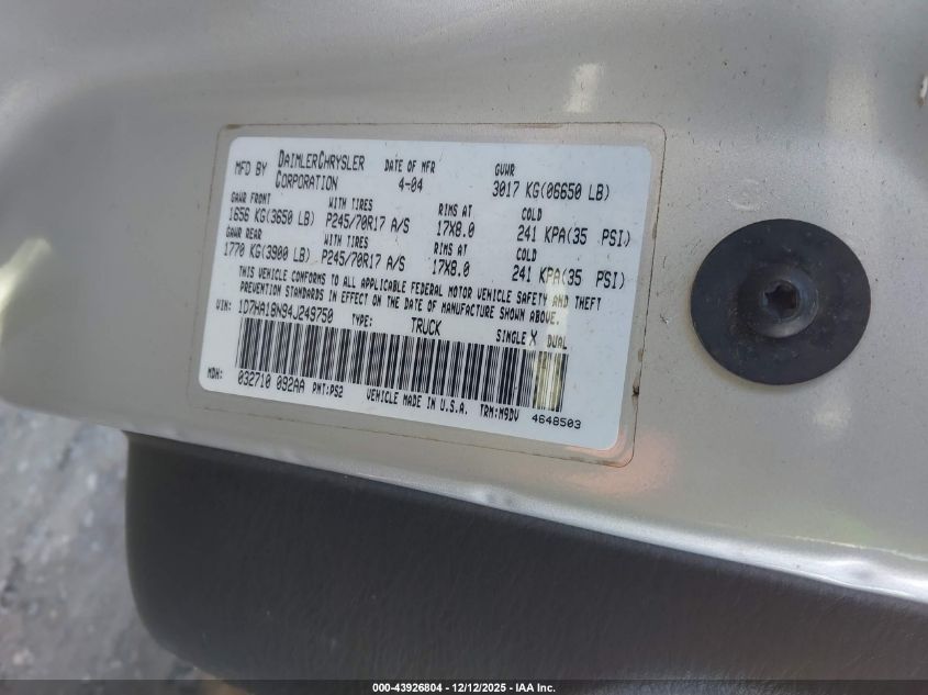 2004 Dodge Ram 1500 Slt/Laramie VIN: 1D7HA18N94J249750 Lot: 43926804