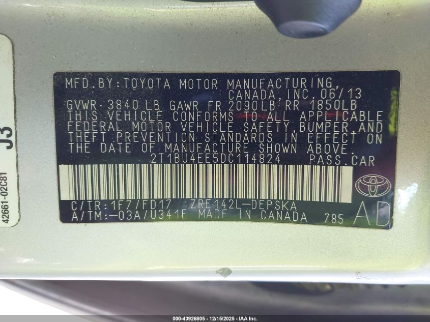 2013 Toyota Corolla S VIN: 2T1BU4EE5DC114824 Lot: 43926805