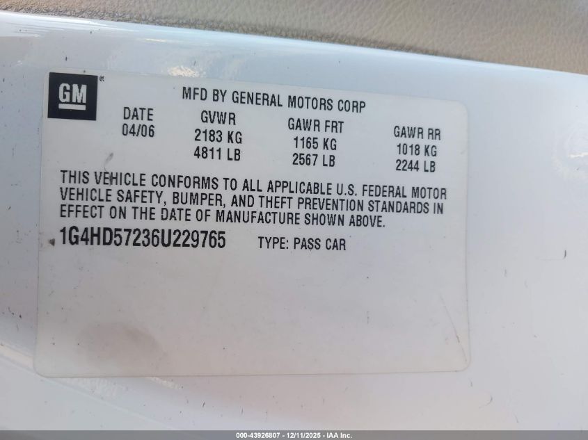 2006 Buick Lucerne Cxl VIN: 1G4HD57236U229765 Lot: 43926807