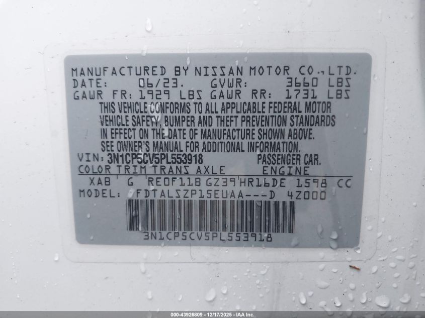 2023 Nissan Kicks Sv Xtronic Cvt VIN: 3N1CP5CV5PL553918 Lot: 43926809