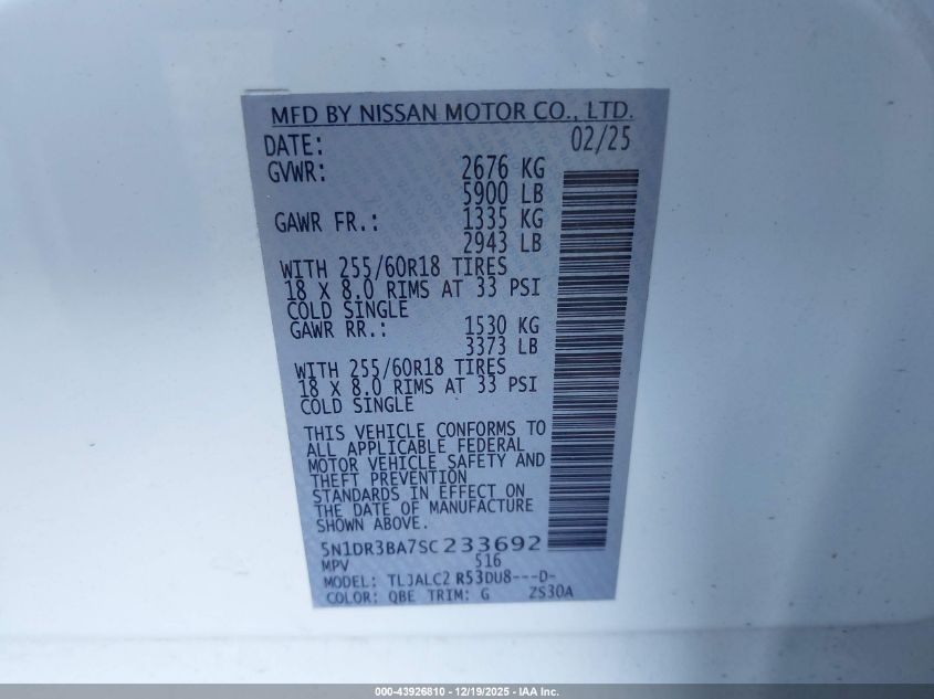 2025 Nissan Pathfinder Sv Fwd VIN: 5N1DR3BA7SC233692 Lot: 43926810