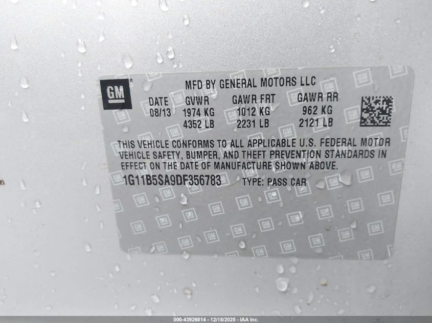 2013 Chevrolet Malibu 1Ls VIN: 1G11B5SA9DF356783 Lot: 43926814